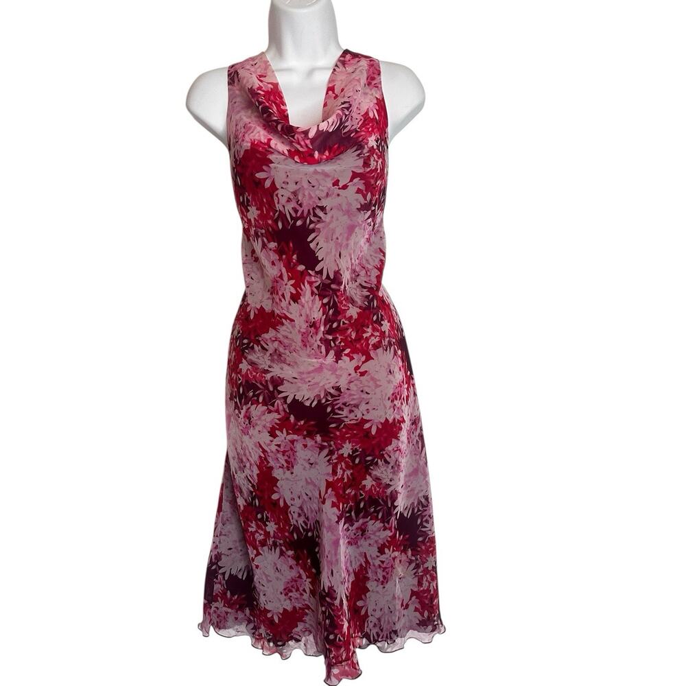 VTG Y2K Pink Floral Cowl Draped Neck Chiffon Fairy Romantic Flounce Midi Dress M